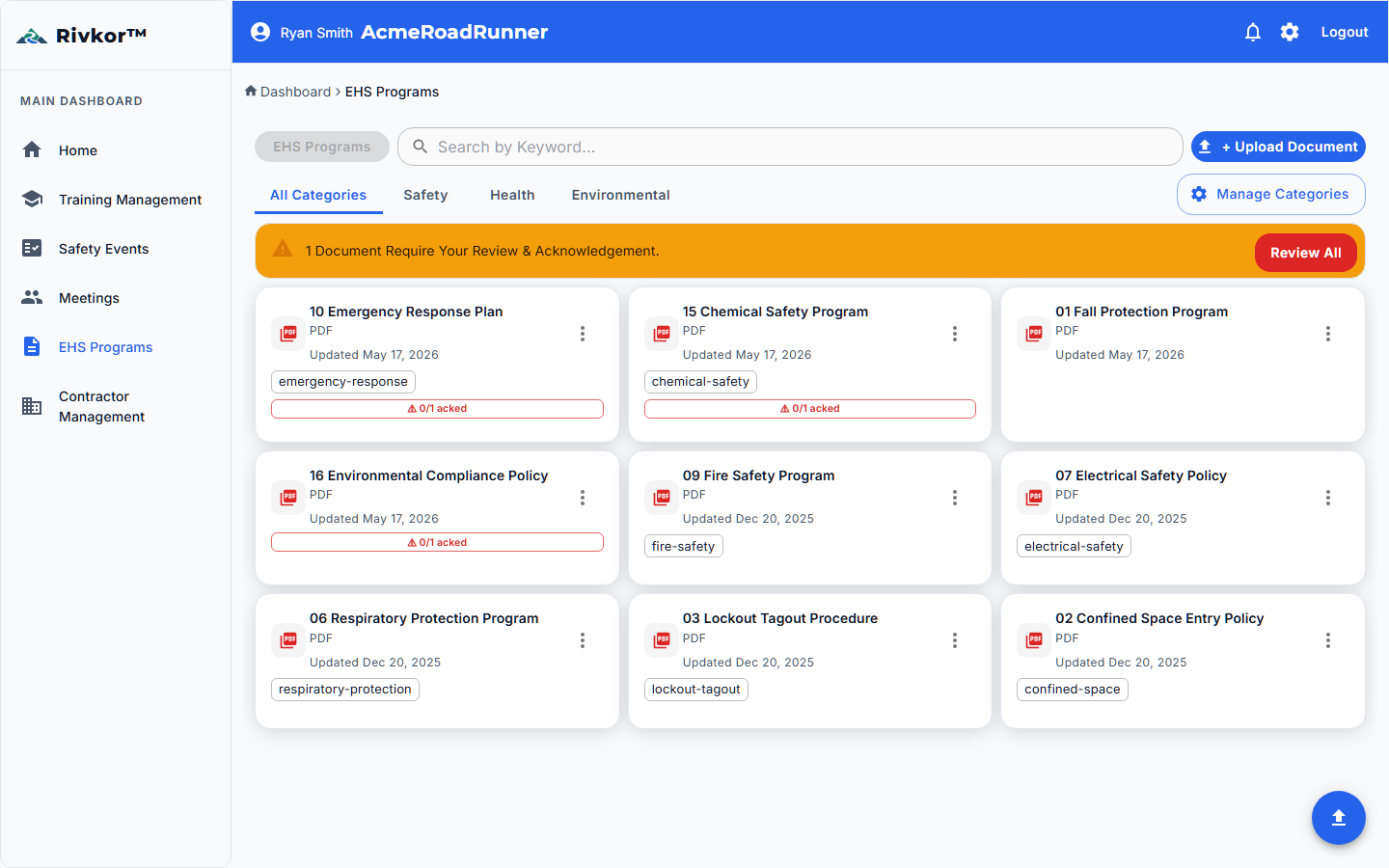EHS Programs dashboard in grid view showing document library with 9 programs, search filters, type filters, topic selection, and Title (A-Z) sorting