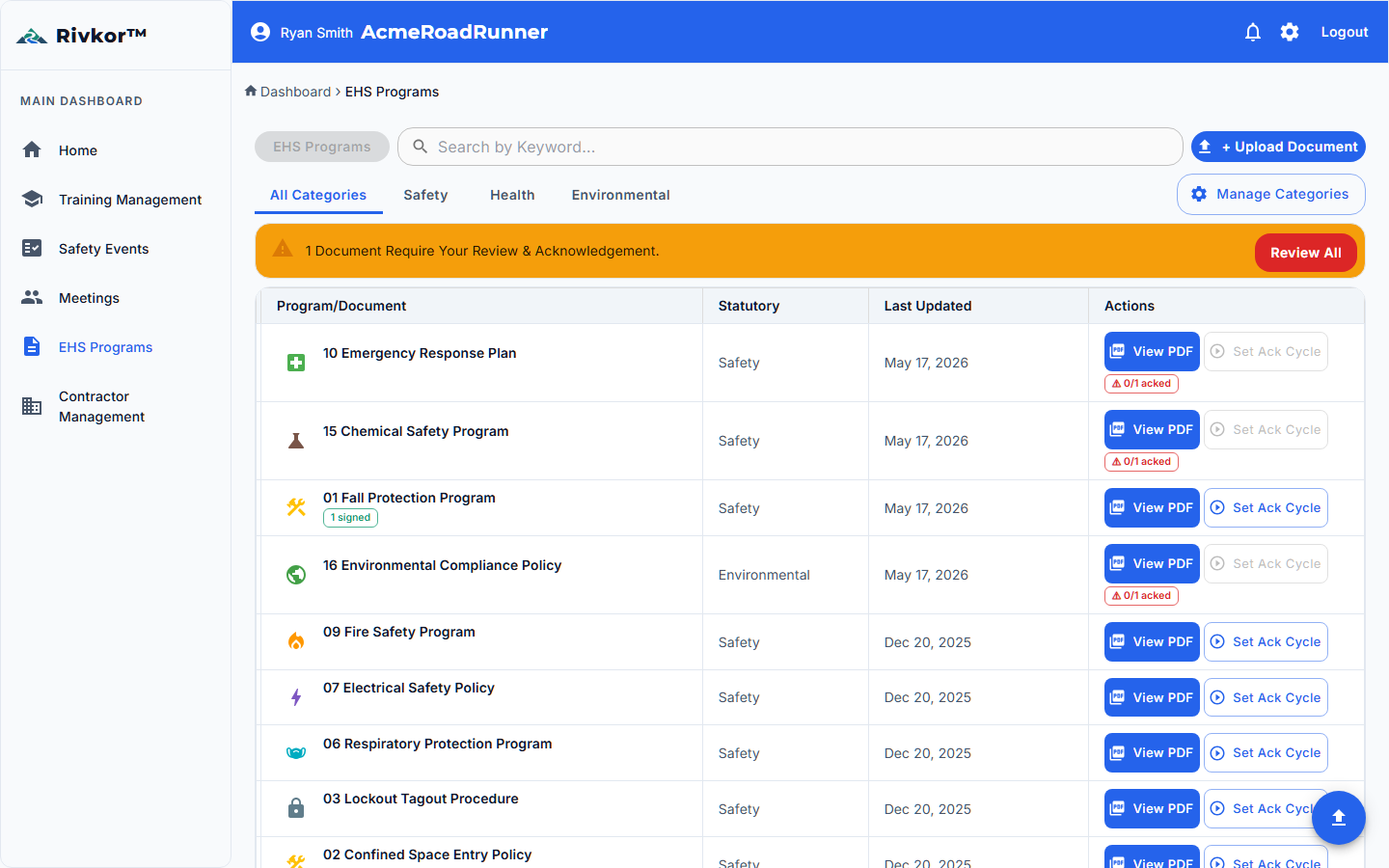 EHS Programs dashboard in list view showing 9 programs with detailed information, Title (A-Z) sorting, and action buttons for View, Download, and Delete