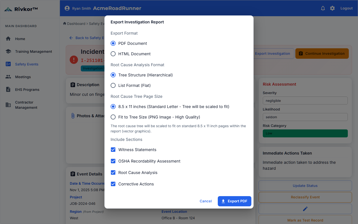 Incident investigation workflow in Rivkor