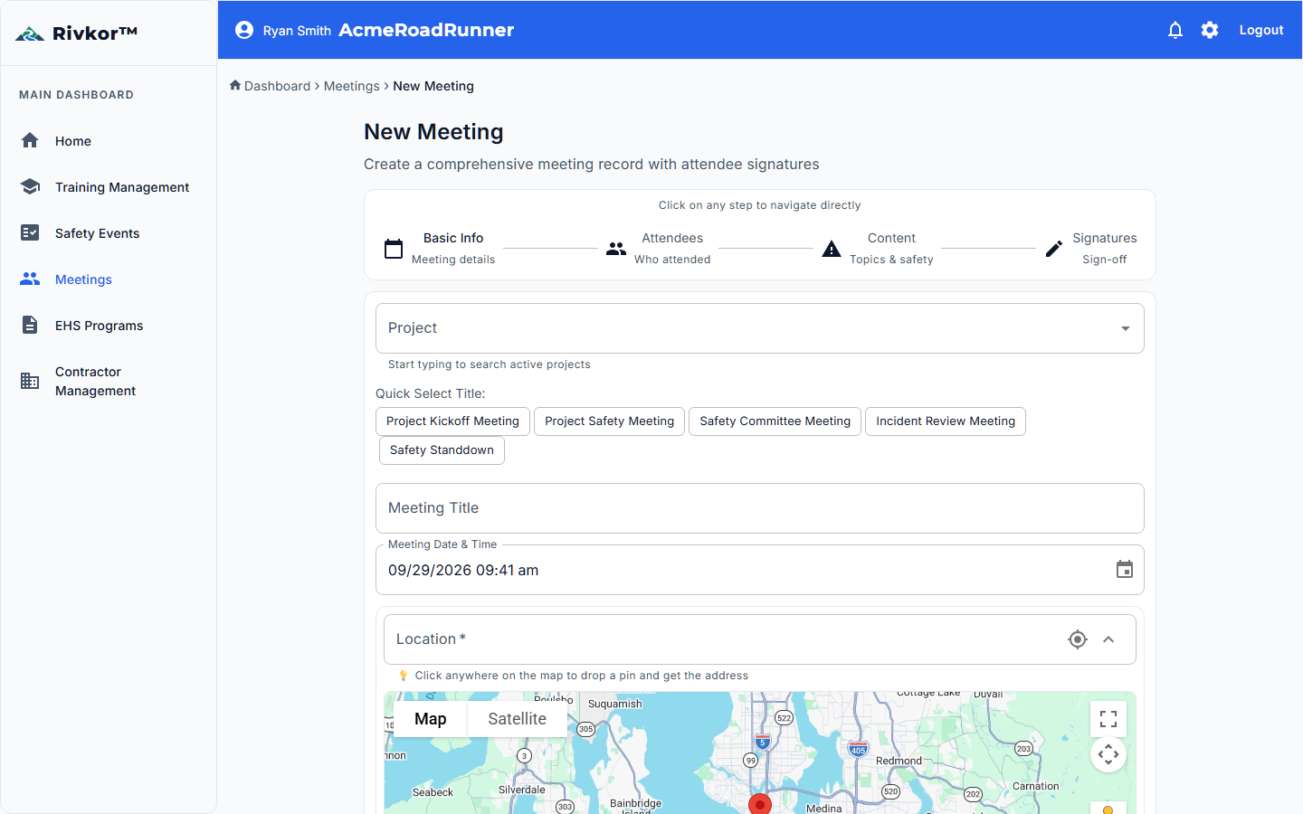 Mobile meeting form showing attendance tracking, signatures, and action item creation