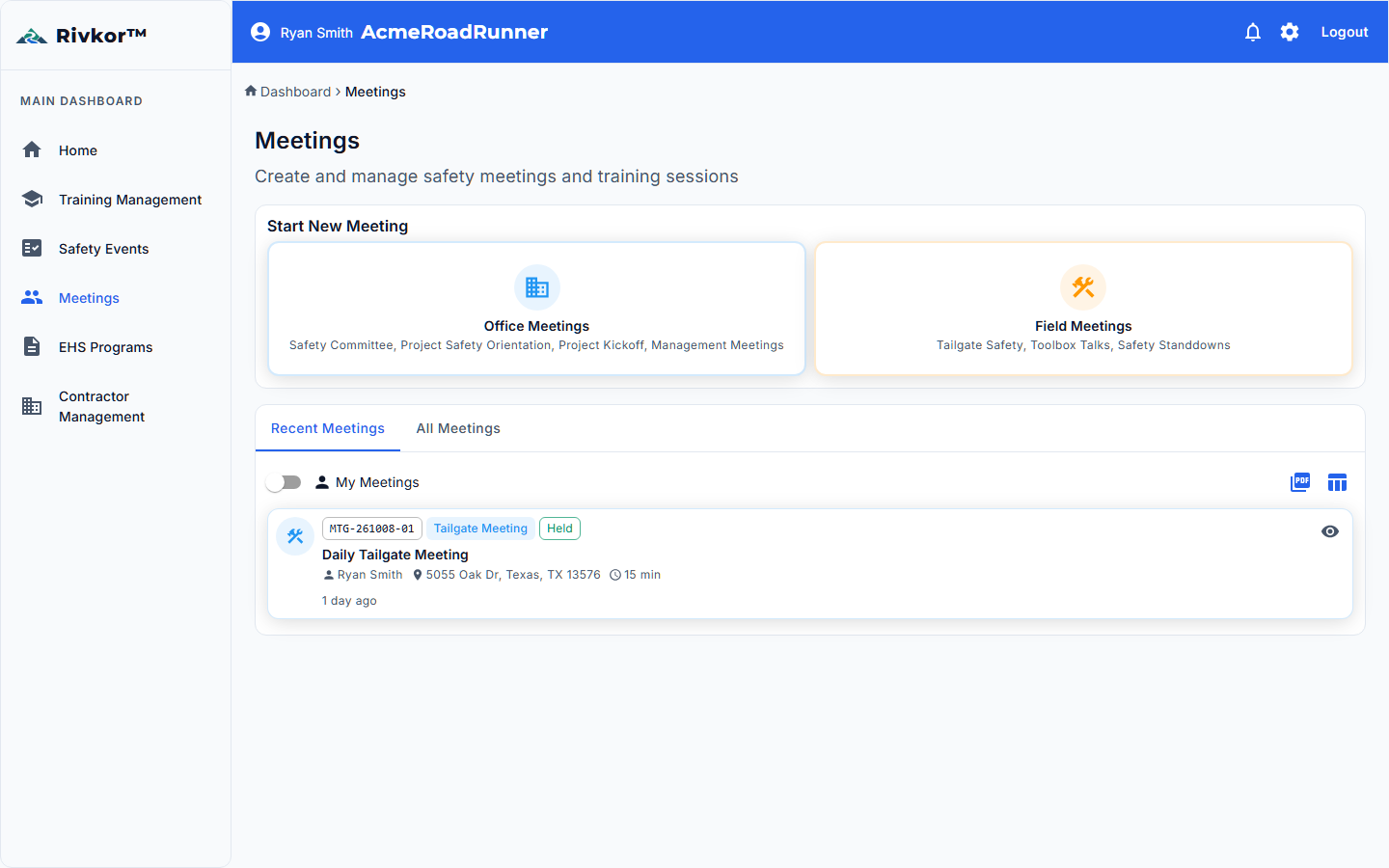 Meetings management dashboard showing scheduled meetings, calendar view, and meeting types