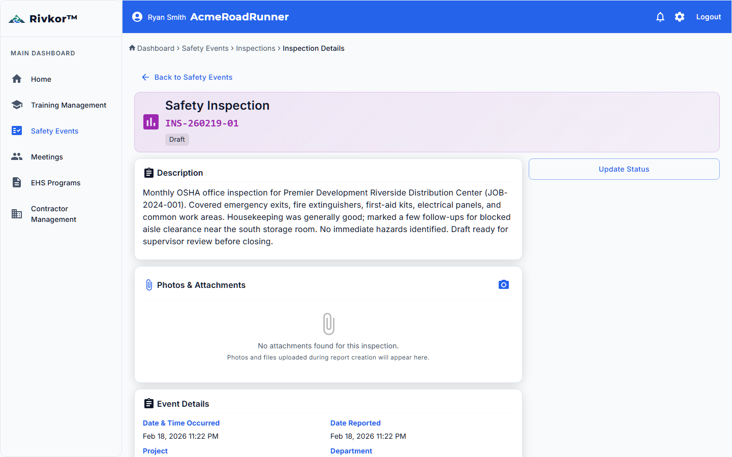 Inspection workflow showing template-based questions, photo attachments, and scoring