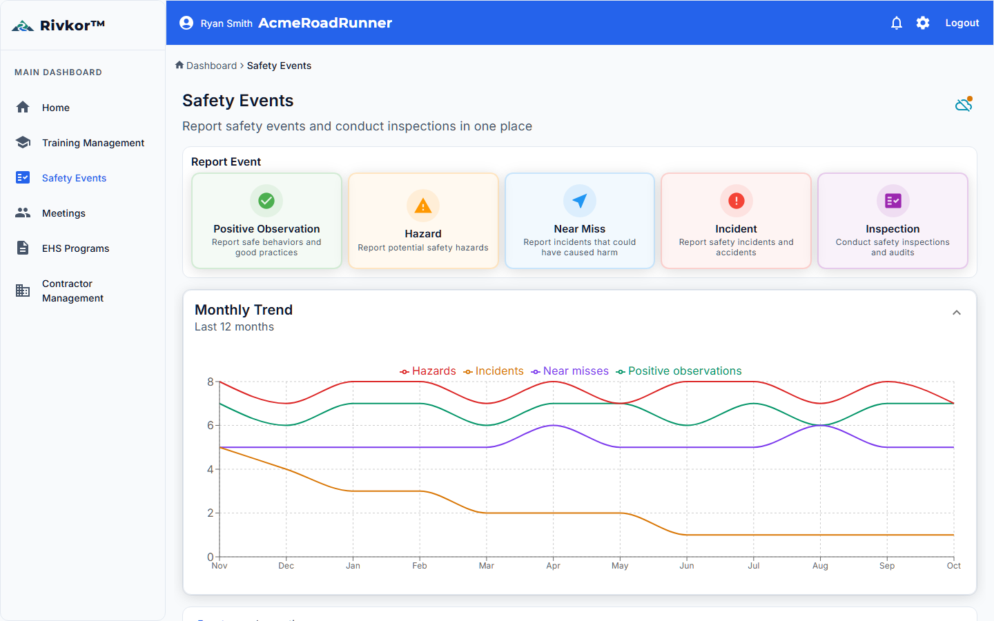 Safety Events dashboard showing unified safety events list with filtering, search, and status indicators