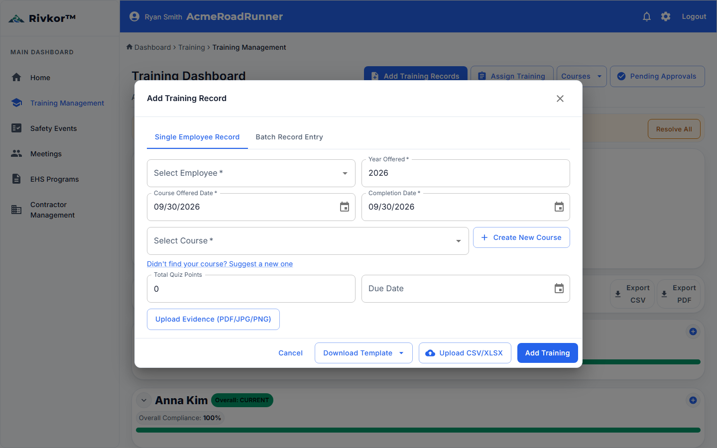 Training record edit form showing course assignment, approval workflow, and document attachment