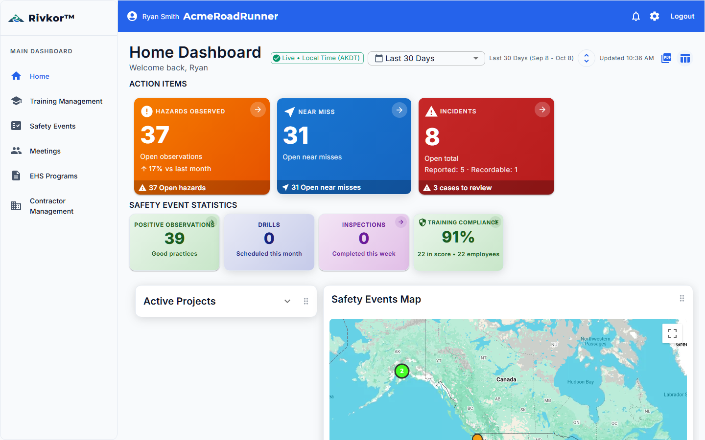 Safety Events Map showing interactive map with event markers, filters, and legend
