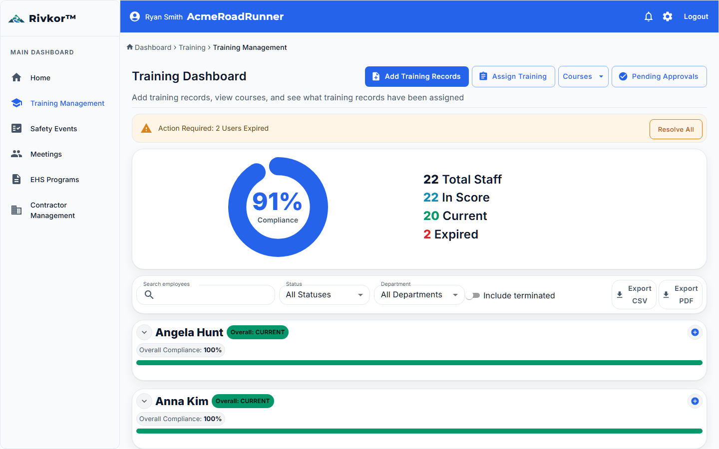 Training management dashboard showing compliance percentage, expired users, staff counts, and quick actions